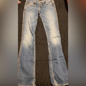sliver lose rise flare blue jeans, size 18”